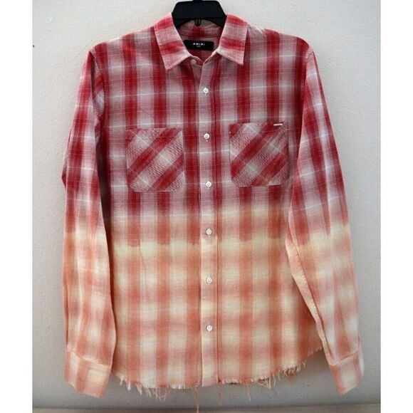 AMIRI Men's Sz L Red/Orange Distressed Ombré Plaid Button-Down L/S Shirt - Picture 1 of 13